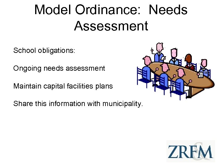 Model Ordinance: Needs Assessment School obligations: Ongoing needs assessment Maintain capital facilities plans Share