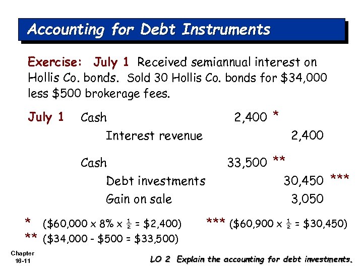 Accounting for Debt Instruments Exercise: July 1 Received semiannual interest on Hollis Co. bonds.