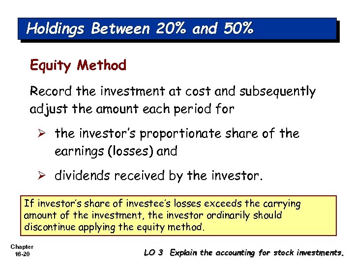 Holdings Between 20% and 50% Equity Method Record the investment at cost and subsequently