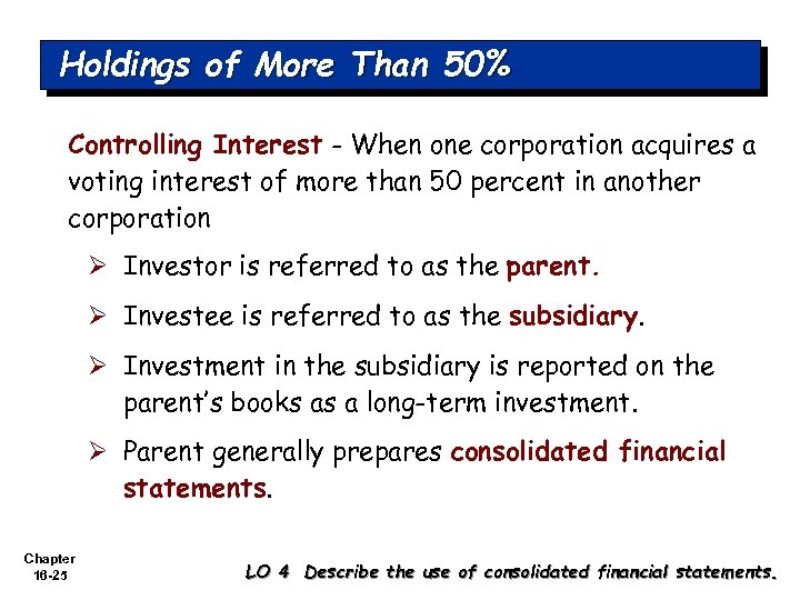 Holdings of More Than 50% Controlling Interest - When one corporation acquires a voting