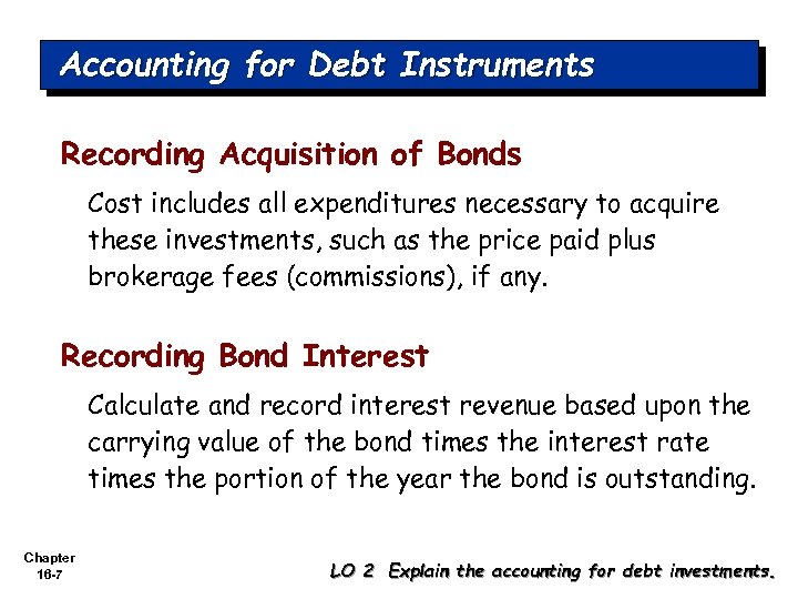 Accounting for Debt Instruments Recording Acquisition of Bonds Cost includes all expenditures necessary to