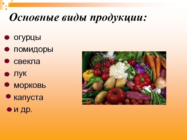 Основные виды продукции: огурцы помидоры свекла лук морковь капуста и др. 