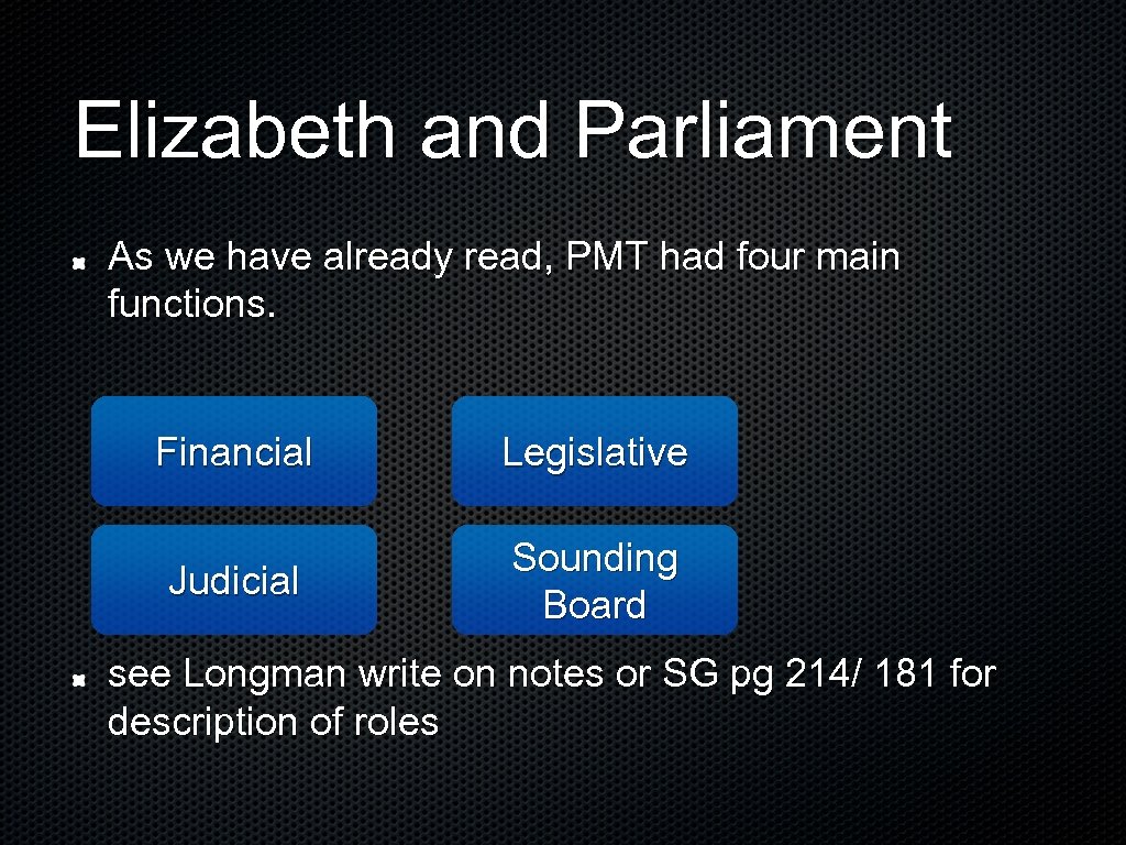 Elizabeth and Parliament As we have already read, PMT had four main functions. Financial