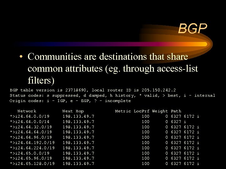 BGP • Communities are destinations that share common attributes (eg. through access-list filters) BGP
