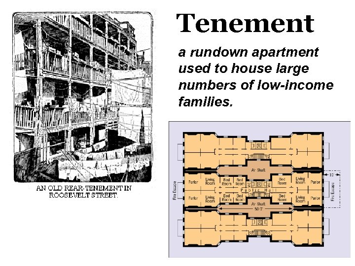 Tenement a rundown apartment used to house large numbers of low-income families. 