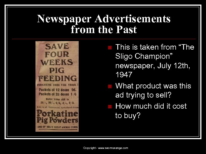 Newspaper Advertisements from the Past n n n This is taken from “The Sligo