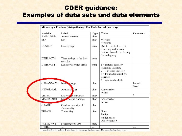 CDER guidance: Examples of data sets and data elements 