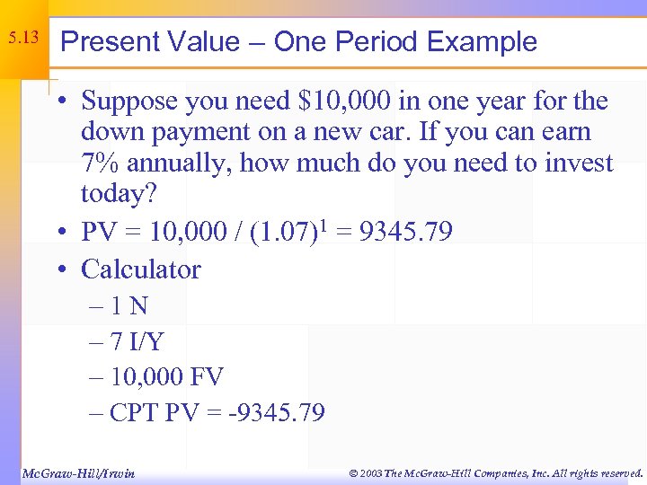 5. 13 Present Value – One Period Example • Suppose you need $10, 000