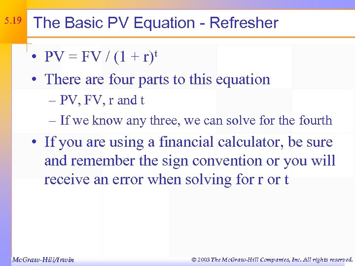 5. 19 The Basic PV Equation - Refresher • PV = FV / (1