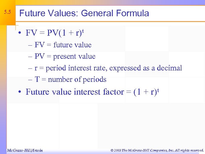 5. 5 Future Values: General Formula • FV = PV(1 + r)t – FV