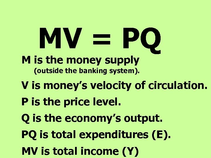 MV = PQ M is the money supply (outside the banking system). V is