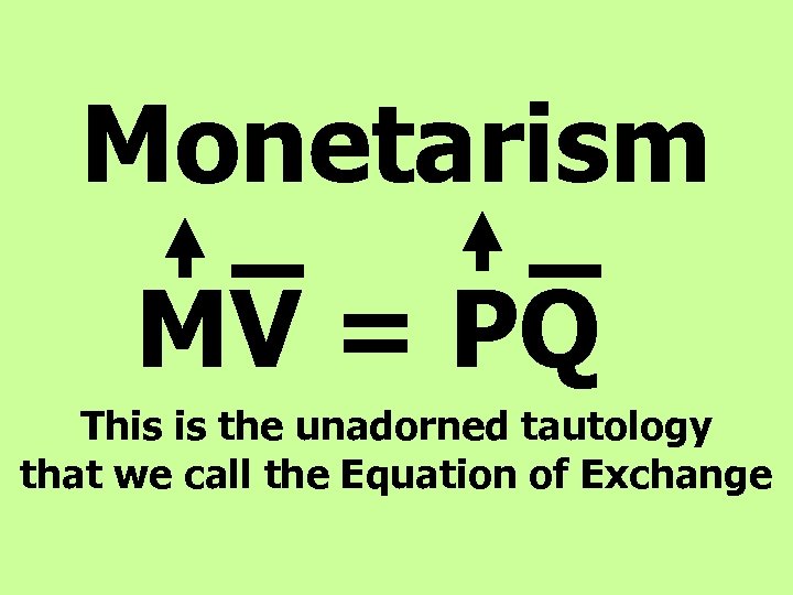 Monetarism MV = PQ This is the unadorned tautology that we call the Equation