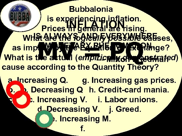 Bubbalonia is experiencing inflation. Prices. INFLATION in general are rising. IS are the logically