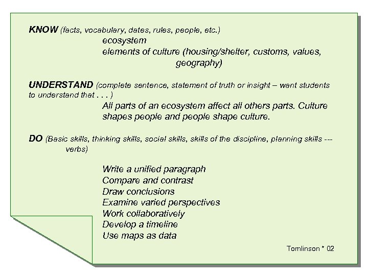 KNOW (facts, vocabulary, dates, rules, people, etc. ) ecosystem elements of culture (housing/shelter, customs,
