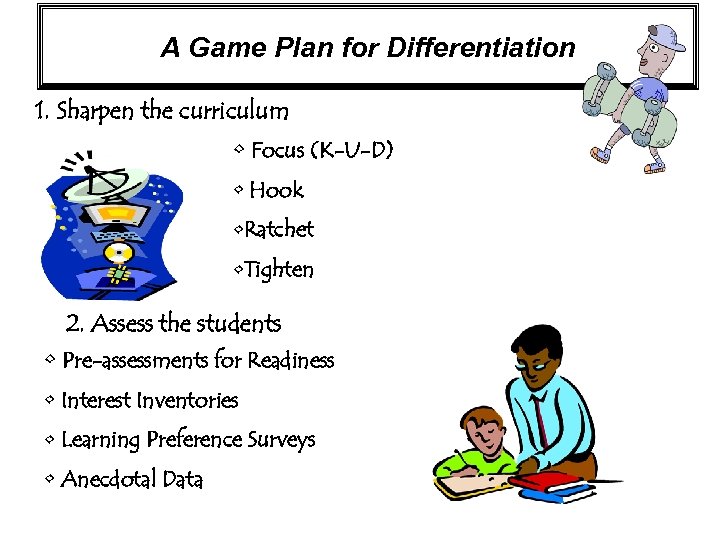 A Game Plan for Differentiation 1. Sharpen the curriculum • Focus (K-U-D) • Hook
