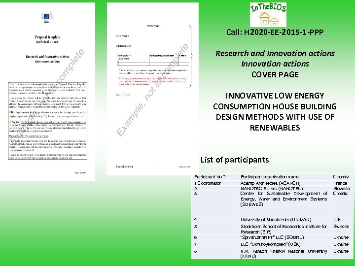 Call: H 2020 -EE-2015 -1 -PPP Research and Innovation actions COVER PAGE INNOVATIVE LOW