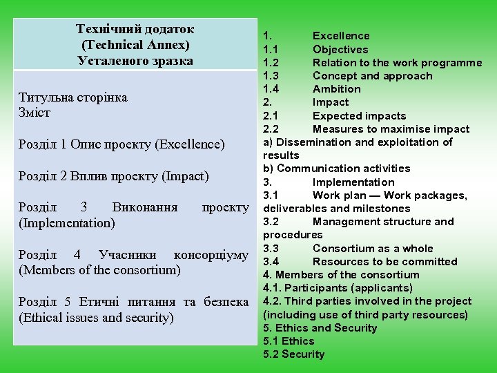 Технічний додаток (Technical Annex) Усталеного зразка Титульна сторінка Зміст Розділ 1 Опис проекту (Excellence)