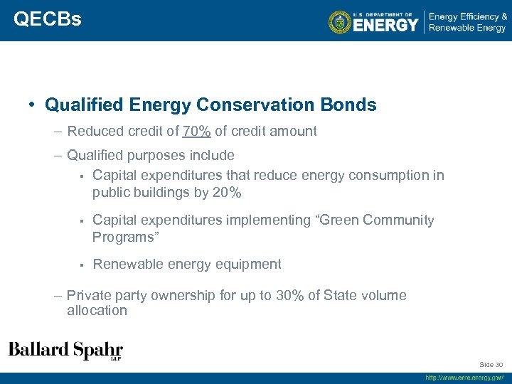 QECBs • Qualified Energy Conservation Bonds – Reduced credit of 70% of credit amount