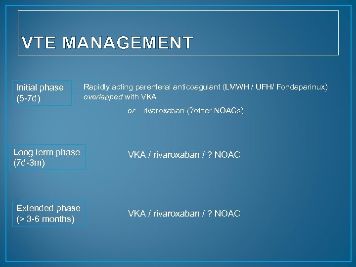 VTE MANAGEMENT Initial phase (5 -7 d) Rapidly acting parenteral anticoagulant (LMWH / UFH/