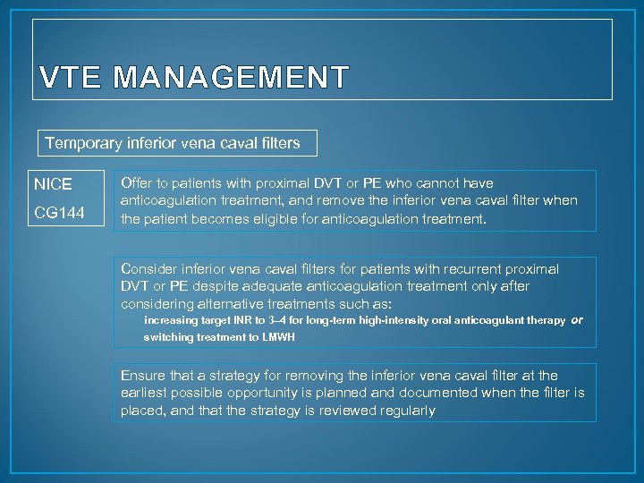 VTE MANAGEMENT Temporary inferior vena caval filters NICE CG 144 Offer to patients with