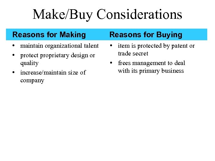 Make/Buy Considerations Reasons for Making Reasons for Buying • maintain organizational talent • protect