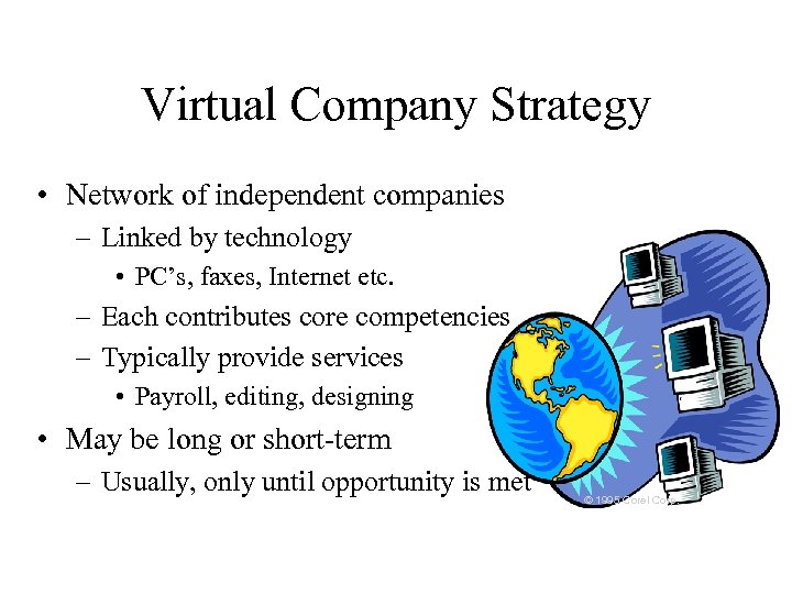 Virtual Company Strategy • Network of independent companies – Linked by technology • PC’s,