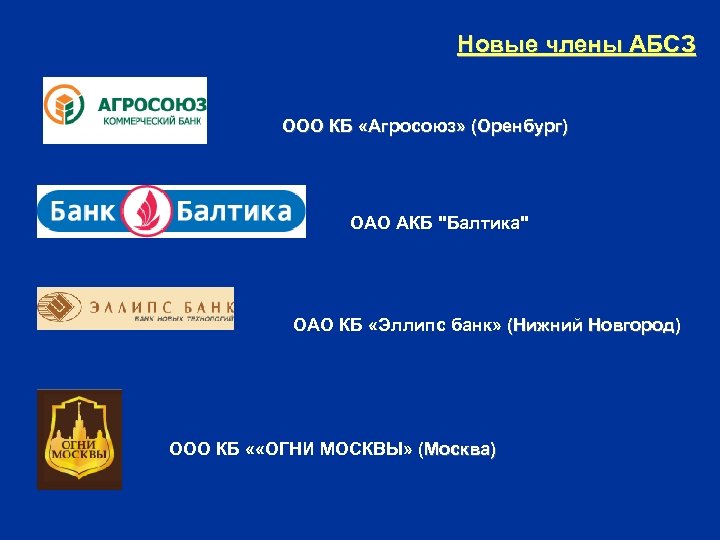Новые члены АБСЗ ООО КБ «Агросоюз» (Оренбург) ОАО АКБ "Балтика" ОАО КБ «Эллипс банк»