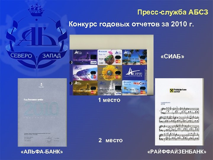 Пресс-служба АБСЗ Конкурс годовых отчетов за 2010 г. «СИАБ» 1 место 2 место «АЛЬФА-БАНК»
