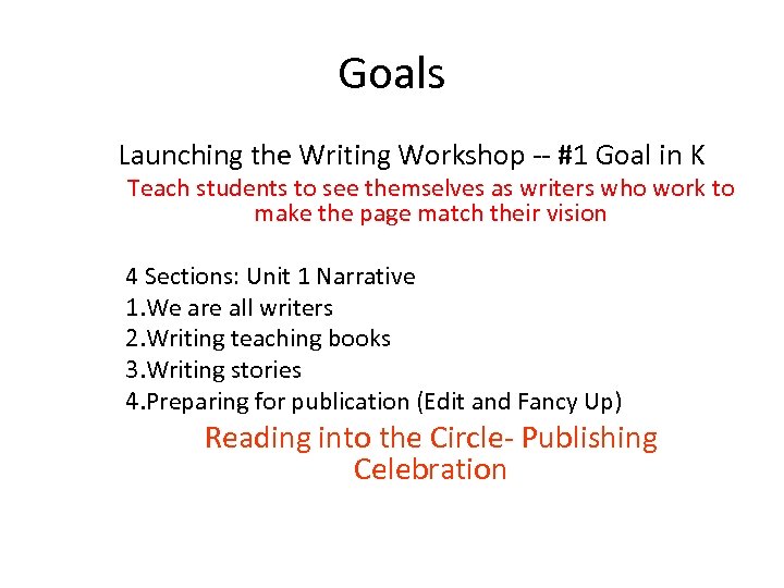 Goals Launching the Writing Workshop -- #1 Goal in K Teach students to see