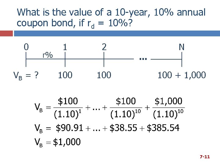What is the value of a 10 -year, 10% annual coupon bond, if rd