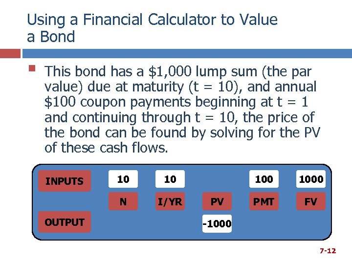 Using a Financial Calculator to Value a Bond § This bond has a $1,