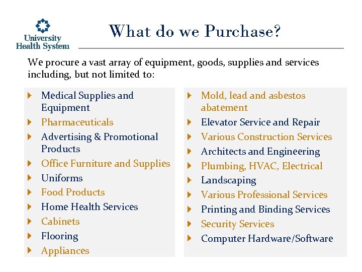 What do we Purchase? We procure a vast array of equipment, goods, supplies and
