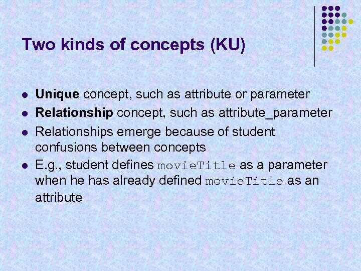 Two kinds of concepts (KU) l l Unique concept, such as attribute or parameter