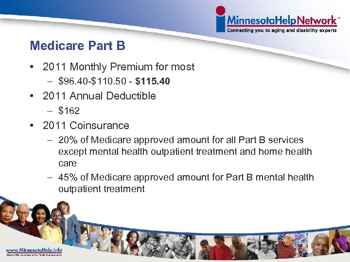 Medicare Part B • 2011 Monthly Premium for most – $96. 40 -$110. 50