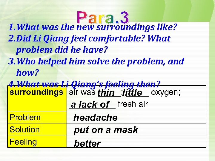 1. What was the new surroundings like? 2. Did Li Qiang feel comfortable? What