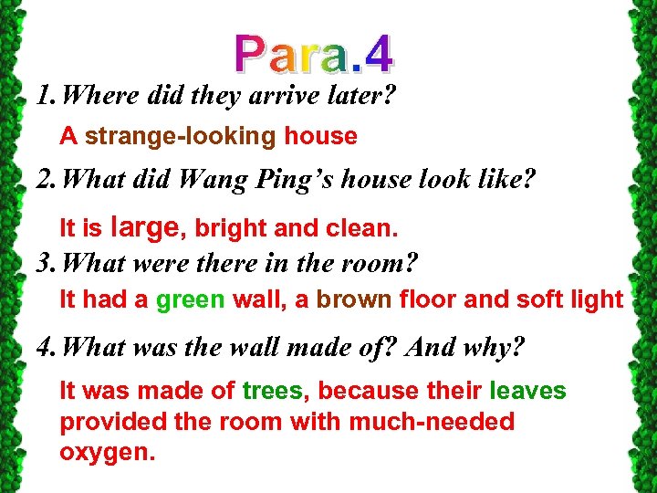 1. Where did they arrive later? A strange-looking house 2. What did Wang Ping’s