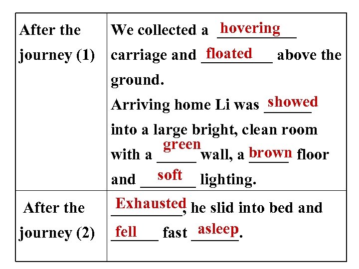 hovering We collected a _____ floated journey (1) carriage and _____ above the After