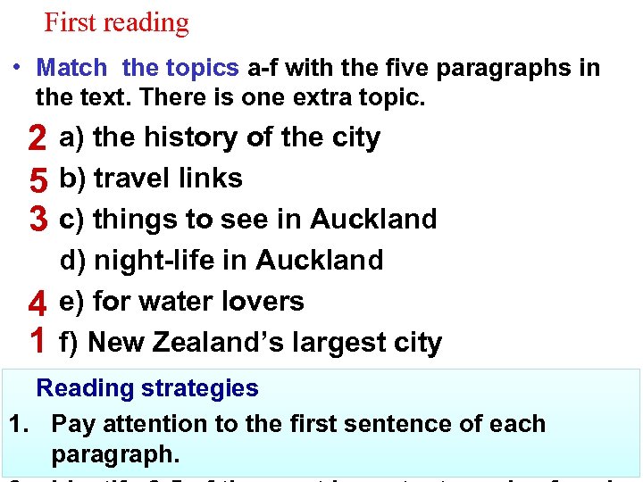 First reading • Match the topics a-f with the five paragraphs in the text.