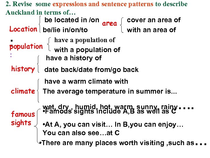 2. Revise some expressions and sentence patterns to describe Auckland in terms of… be