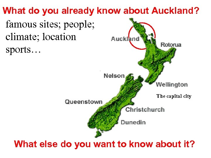 What do you already know about Auckland? famous sites; people; climate; location sports… The