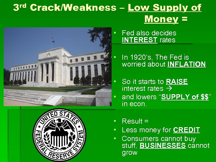 3 rd Crack/Weakness – Low Supply of Money = • Fed also decides INTEREST