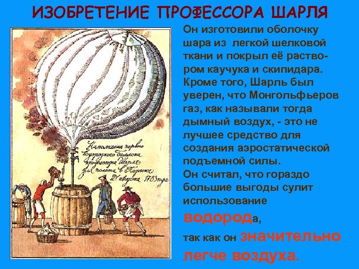 ИЗОБРЕТЕНИЕ ПРОФЕССОРА ШАРЛЯ Он изготовили оболочку шара из легкой шелковой ткани и покрыл её