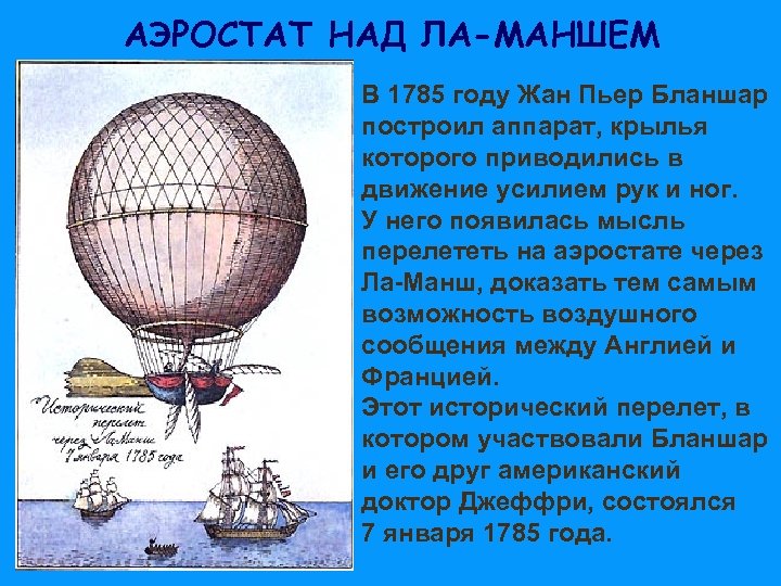 АЭРОСТАТ НАД ЛА-МАНШЕМ В 1785 году Жан Пьер Бланшар построил аппарат, крылья которого приводились