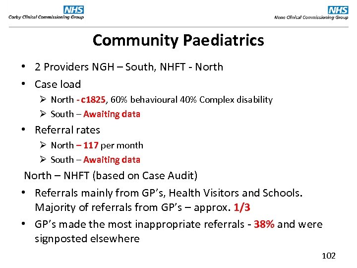 Community Paediatrics • 2 Providers NGH – South, NHFT - North • Case load