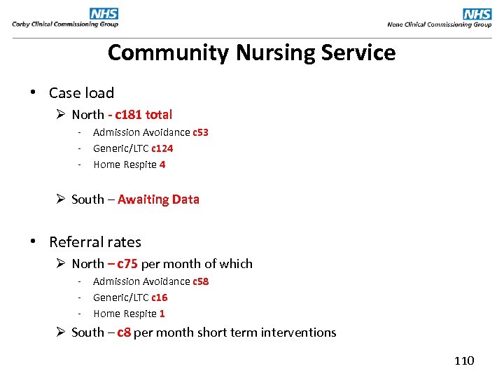 Community Nursing Service • Case load Ø North - c 181 total - Admission