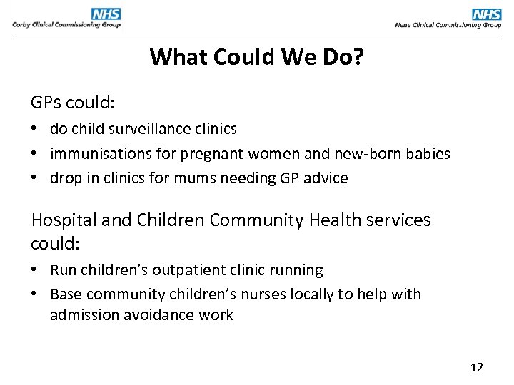 What Could We Do? GPs could: • do child surveillance clinics • immunisations for