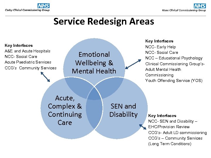Service Redesign Areas Key Interfaces A&E and Acute Hospitals NCC- Social Care Acute Paediatric