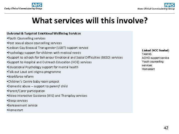 What services will this involve? Universal & Targeted Emotional Wellbeing Services • Youth Counselling