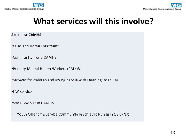 What services will this involve? Specialist CAMHS • Crisis and Home Treatment • Community
