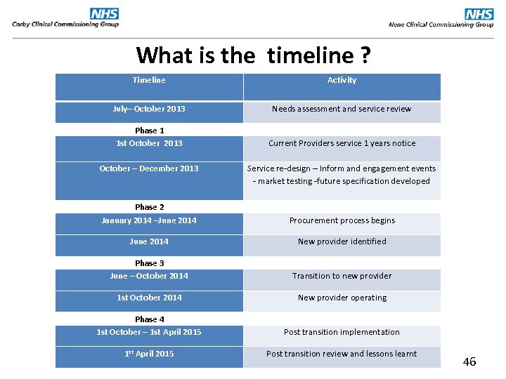 What is the timeline ? Timeline Activity July– October 2013 Needs assessment and service